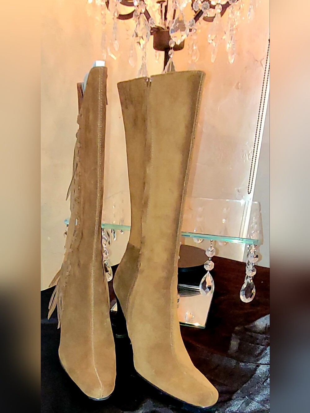 MIA Tan Suede Fringed Tall Western Boots. Y2K Size 6.5 Stiletto Heels 4in - Picture 7 of 17
